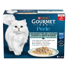 GOURMET PERLE OCEAN FLAKES IN SAUS KABELJAUW, ZALM, SCHOL EN KOOLVIS